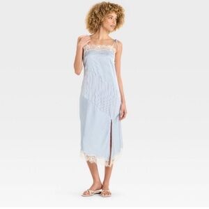 Future Collective Blue Striped  Satin Slip Dress with Lace
